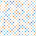 Seamless polka dot pattern. Orange and blue dots in random sizes on white background. Vector illustration Royalty Free Stock Photo