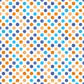 Seamless polka dot pattern. Orange and blue dots in random sizes on white background. Vector illustration Royalty Free Stock Photo