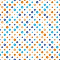 Seamless polka dot pattern. Orange and blue dots in random sizes on white background. Vector illustration Royalty Free Stock Photo