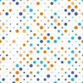 Seamless polka dot pattern. Orange and blue dots in random sizes on white background. Vector illustration Royalty Free Stock Photo