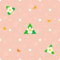 Seamless polka dot pink background with strawberry flowers, green leaves, flying butterflies, bubbles. Vector.