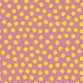 Seamless polka dots pattern purple yellow lime. Violet and green repeating background with polka dots. Polka dot fabric