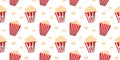 Seamless Popcorn pattern in red white bucket. Vector illustration. Popcorn Day