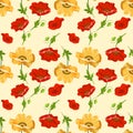 Seamless Poppy Flower Pattern With Hand Drawn Colored Blooms On Yellow Background.