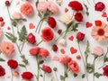 Seamless poppy and rose pattern, white surface, red and white tones