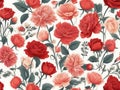 Seamless poppy and rose pattern, white surface