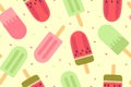 Seamless popsicle ice cream pattern. Vector illustration isolated on a yellow background