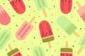 Seamless popsicle ice cream pattern. Vector illustration isolated on a yellow background