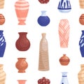 Seamless pottery pattern with ceramic, porcelain, clay and earthen vases and pots on white background. Endless texture