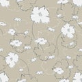 Seamless pretty pattern in cute white flowers on burlap fond. Floral print for textile, fabric manufacturing, wallpaper, covers,