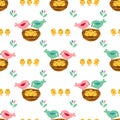 Seamless pretty pattern with stylized birds and nests.
