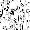 Seamless pretty pattern with stylized flowers and herbs. Black and white. Endless texture for your design