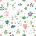 Seamless pretty pattern with stylized trees and easter eggs. Royalty Free Stock Photo