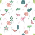 Seamless pretty pattern with stylized trees,foxes and birds.