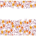 Seamless primitive floral banner frame. Cute flowers, ditsy leaves. Watercolour