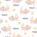 Seamless princess pattern. Baby print with cute pink whales