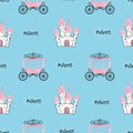 Seamless princess pattern with castles and carriages on blue