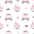 Seamless princess pattern with castles, crowns and carriages.