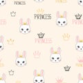 Seamless princess pattern with cute bunnies.