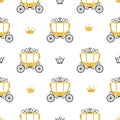 Seamless princess pattern with golden carriages and crowns.