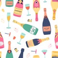 Seamless print with doodle red and white sparkling wine bottles with full glasses. Vector texture with cartoon alcohol