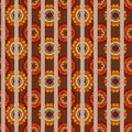 Seamless print for fabric with bright mandalas flowers and stripes on brown background Royalty Free Stock Photo