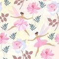 Seamless print for fabric, paper, wallpaper with cute fairies, pink roses and cosmos flowers on gentle patchwork background