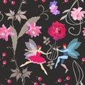 Seamless print for fabric, wallpaper with cute winged fairy and elf playing on the lyre in shape of rose, treble clef, flowers