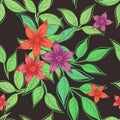 Seamless print with flowers and leaves on a dark gray background