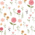 Seamless print with wild flowers and herbs on a white background.