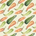 Seamless pumpkin watercolor squash pattern with natural illustrations on the paper.