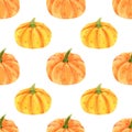 Seamless pumpkins pattern. Watercolor background with yellow and orange pumpkin for textile, thanksgiving day decor, fall Royalty Free Stock Photo