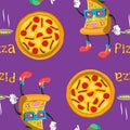 Seamless purple background with cheerful character piece of pizza and a large pizza with the signature. Vector image