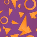 Seamless purple background, silhouettes of triangles and rings of orange color Royalty Free Stock Photo