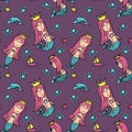 Seamless queen of mermaid pattern. Trendy violet purple children drawing style.