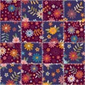 Seamless quilt design from stitched square snippets with floral embroidery. Patchwork pattern