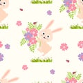 Seamless rabbit pattern. Cute bunny with bouquet and ladybug on white background with flowers and grass. Vector Royalty Free Stock Photo