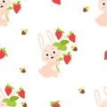 Seamless rabbit pattern. Cute bunny with bouquet of strawberries and funny bee on white background with berries. Vector Royalty Free Stock Photo