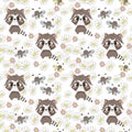 Seamless raccoon pattern in flat graphics.