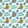 Seamless raccoon pattern in flat graphics. Vector Illustration. Raccoon in a scarf on a blue background with Christmas