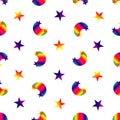 Seamless rainbow pattern of bright stars and rainbows on a white background Royalty Free Stock Photo