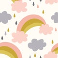 Seamless rainbows and clouds pattern vector background.