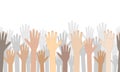 Seamless raised human hands on background of silhouettes of hands up, isolated. Racial equality, diversity multiethnic people. Royalty Free Stock Photo