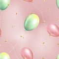 Seamless random balloons 3d spheres flying.Vector realistic pattern sweet colour random balls in yellow and green pastel on pink