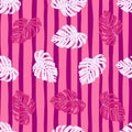Seamless random bright pattern with pink and white monstera print. Striped pink background Royalty Free Stock Photo