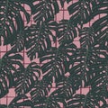 Seamless random dark botanic pattern with monstera leaf ornament. Pink chequered background Royalty Free Stock Photo