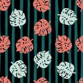 Seamless random doodle pattern with pink and light colored monstera ornament. Striped background