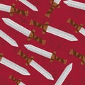 Seamless random horror war pattern with swords. Knife sillhouettes with blood red background and splashes Royalty Free Stock Photo