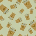 Seamless random pattern with beige bear heads in hats. Grey background. Pale palette animal funny print