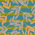 Seamless random pattern with botanic simple contoured leaf branches. Green and blue striped background